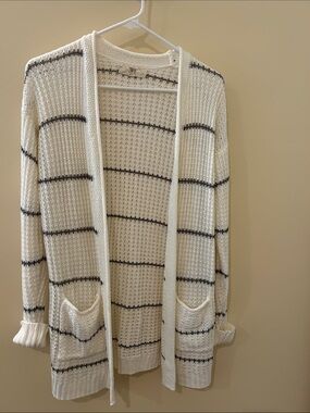 Open-Front Cream Knit Cardigan with Black Stripe Accents